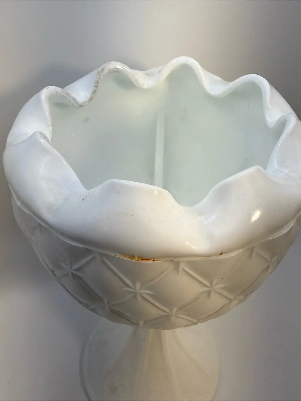 Vintage Milk Glass Compote Candy Pedestal Dish Quilted Duette Pattern 9” Cottage